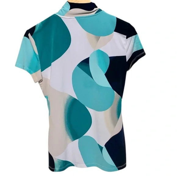 DKNY Women's Abstract Teal and Black Drape Neck Blouse In Excellent Condition - Picture 4 of 4